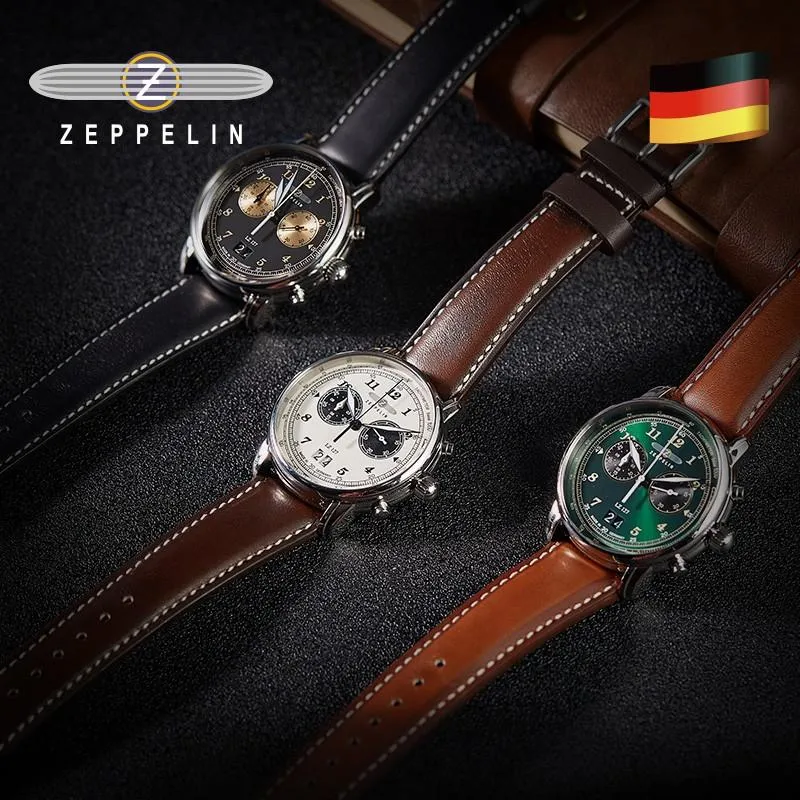 Montre-bracelets Zeppelin Watch Importée Benue de cuir imperméable Business Casual Quartz Chronographe multifonction à deux yeux Montre Homme 2771