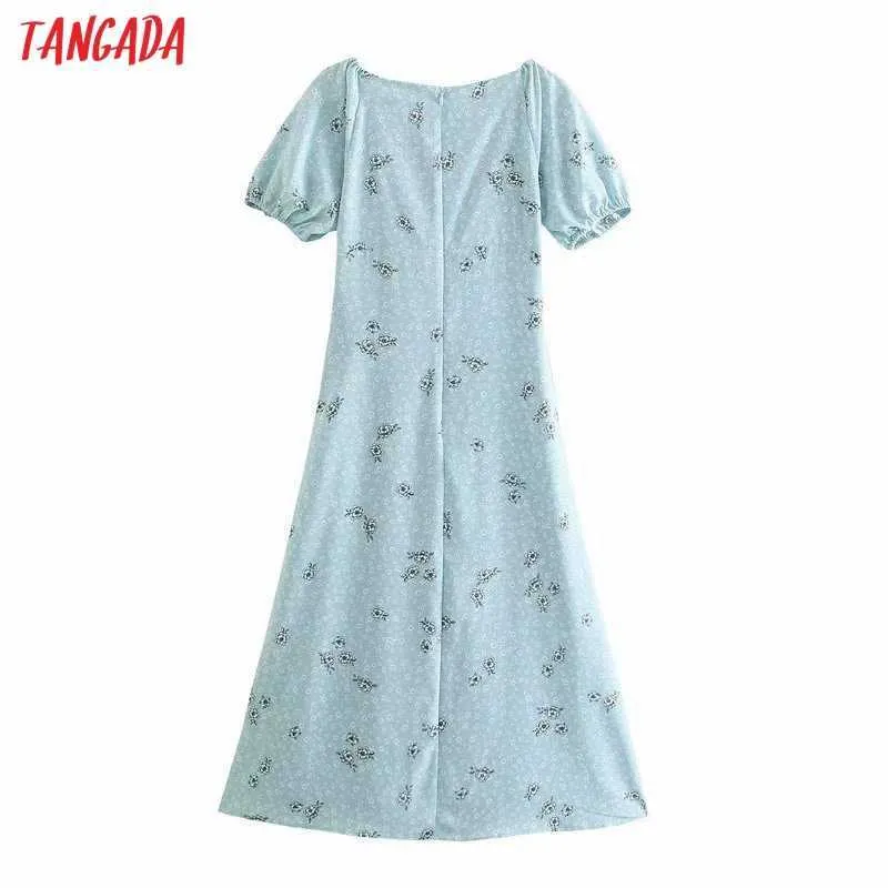 Tangada Summer Women Blue Flowers Stampa abito lungo stile francese Puff manica corta Ladies Sundress 3H435 210609