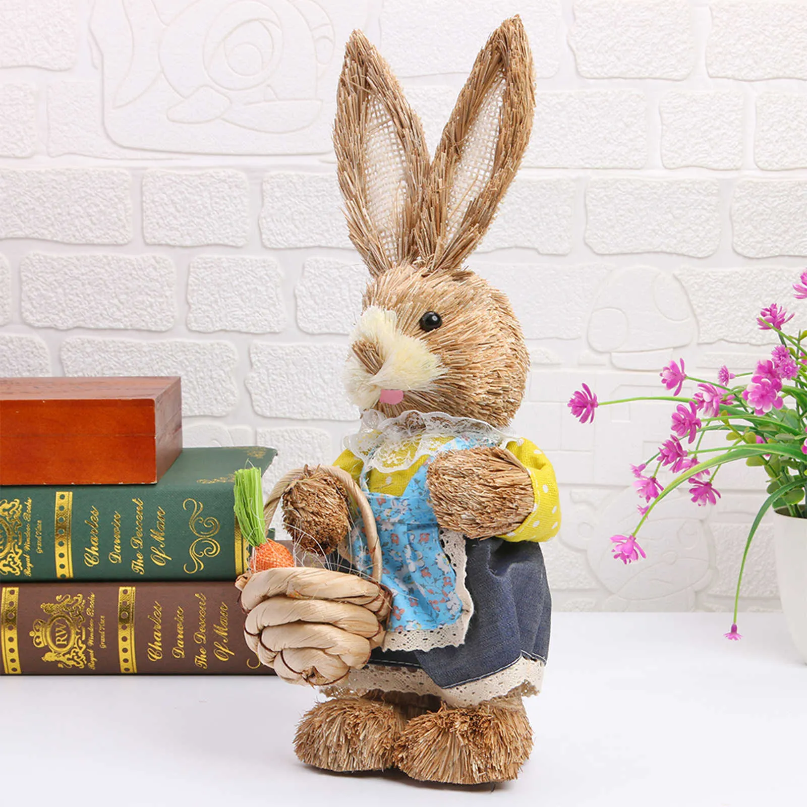 12 -дюймовый искусственный соломенный кролик орнамент Статуя кролика с морковью для пасхальной тематической вечеринки Домашний сад декор 210911765952