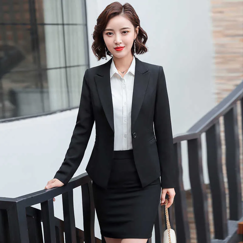 Professional women's suit pants suits two-piece spring and autumn casual jacket feminine Elegant skirt Black work clothes 210527