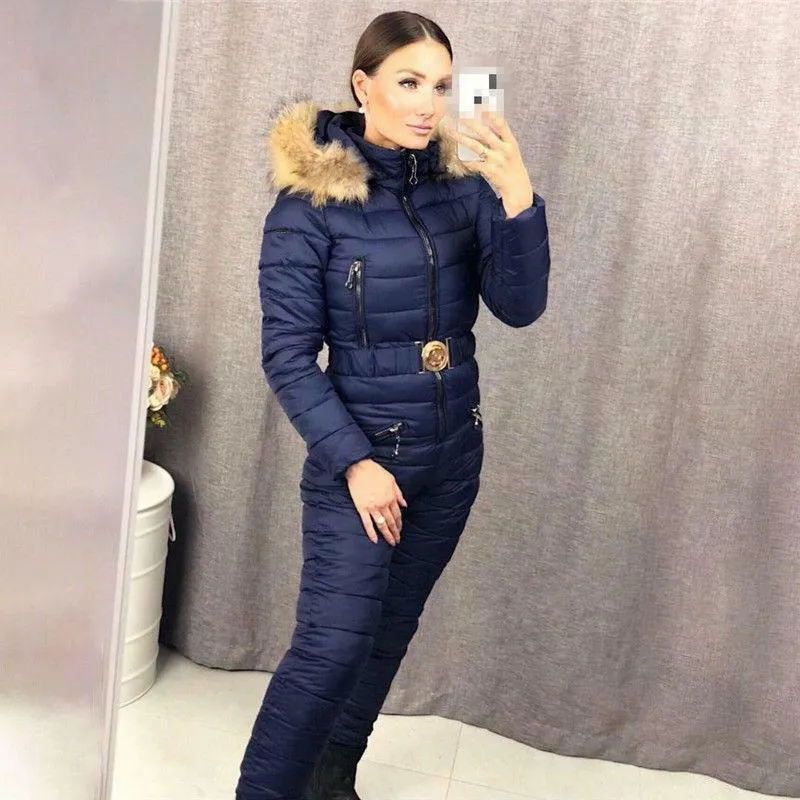 Новая зимняя осень женский капюшон комбинезон Parka Parka Parka Plothded Tape Sashes Ski Suct Straight Zippes