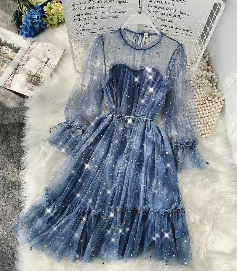 2021 New Female O-neck Stars Sequined Mesh Shiny Fairy Dress Women Elegant Bling Gauze Princess Puff Dresses Vestidos De Fiesta X0629