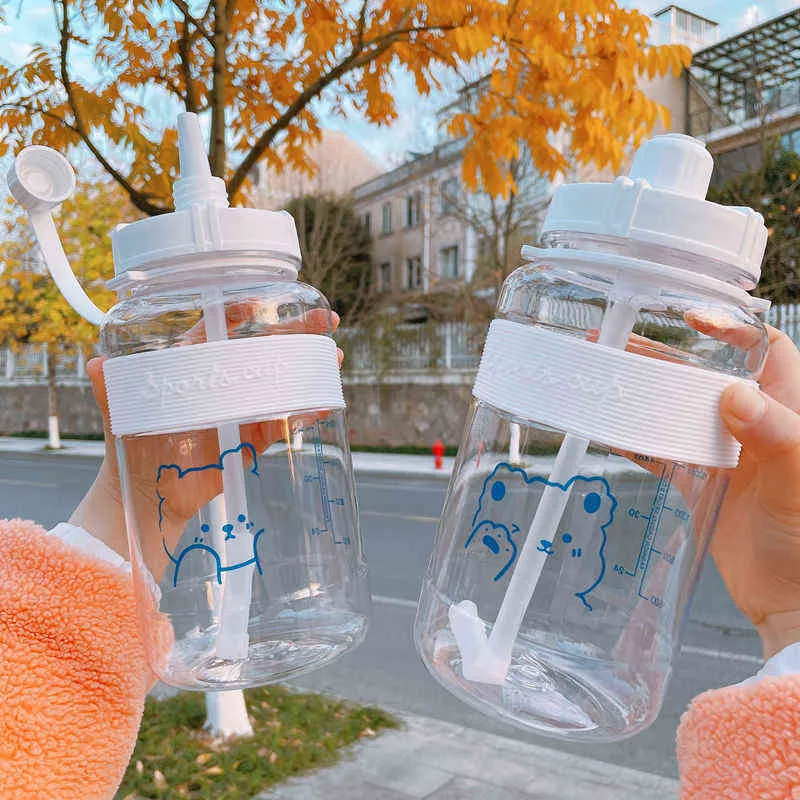 Koreaanse versie Cups Vrouwelijke Studenten Leuke eenvoudige Plastic Water Valstichte Grote Flessen Draagbare Hand 211122