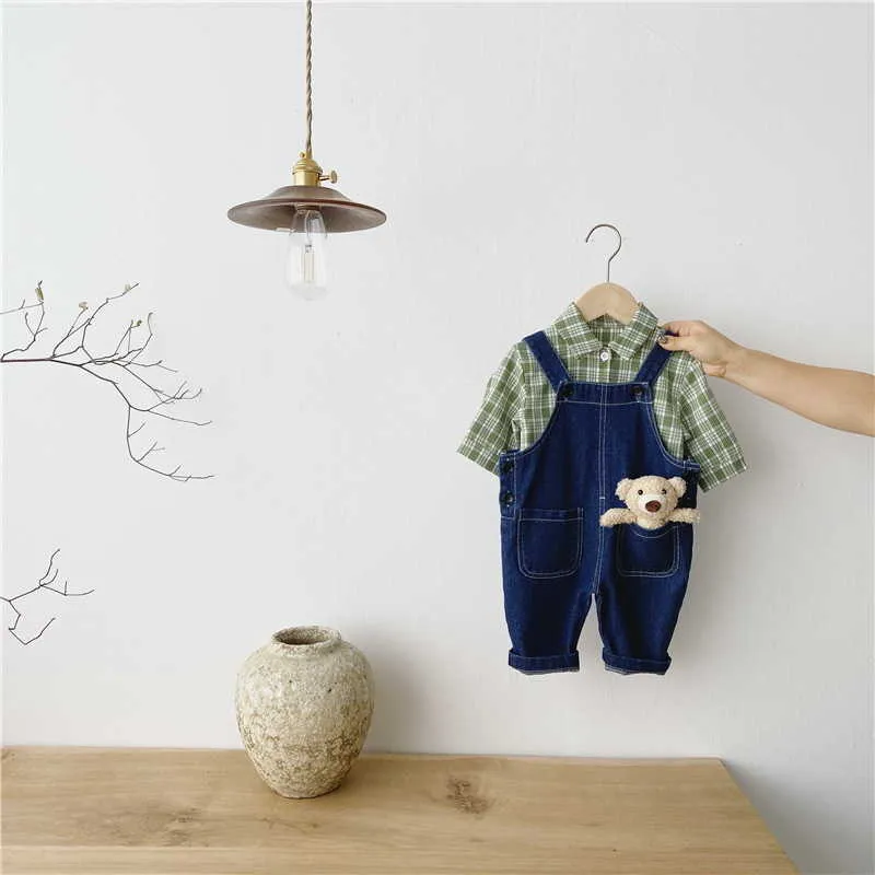 Partihandel Sommar Baby Boys Girl 2-PCs Sets Långärmad Plädskjorta + Jeans Overaller Kids Outfits E5053 210610