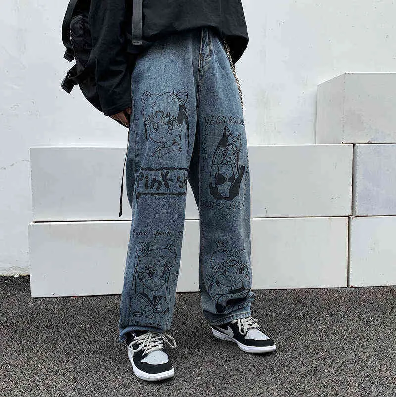 Koreanische Jeans im Harajuku-Stil, College-Stil, schönes Mädchen, Anime-Druck, Damen, lässig, lockere Hose mit weitem Bein 211129