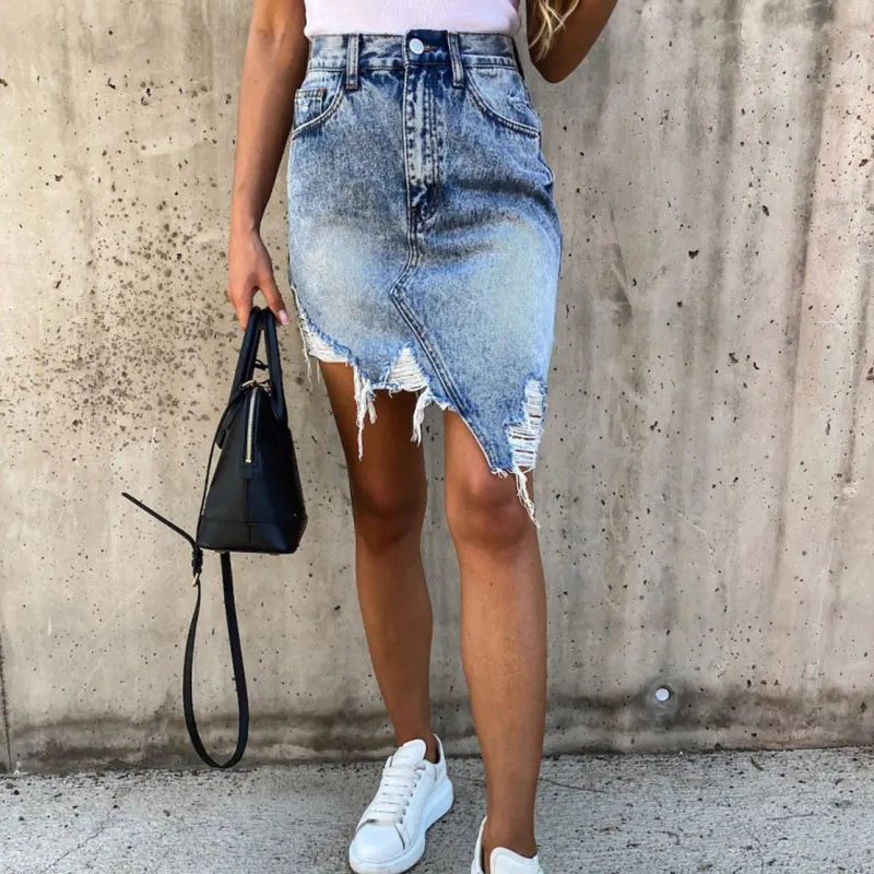 Casual High Waist Tassel Cool Pencil Denim Kjolar Kvinnor Sommar Vintage Sexig Hål Rippade Fickor All-matchade Jeans Skirt Dress