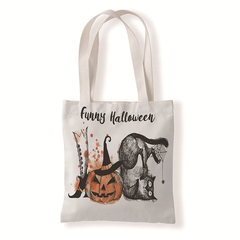 Niedliche bedruckte Canvas-Tasche mit Halloween-Kürbis-Motiv, festliche Partyzubehör, lässiges Tragen von umweltfreundlichen Einkaufstaschen