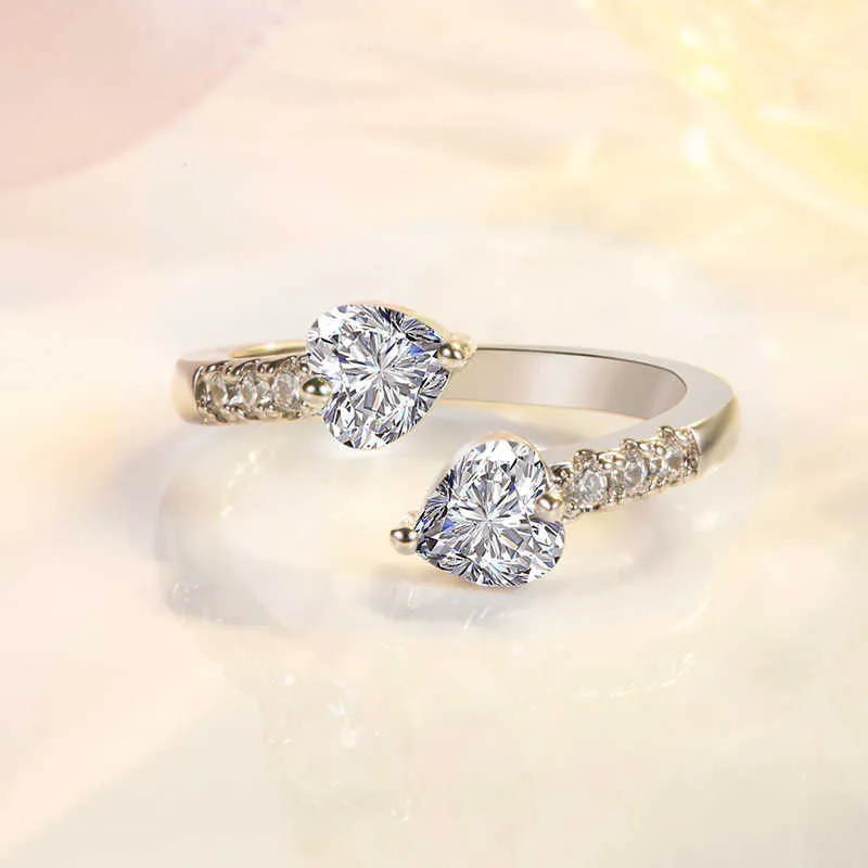 Bagues pour hommes bijoux en cristal double coeur plein diamant bague d'ouverture zircon couple de femmes Lady Cluster styles bande