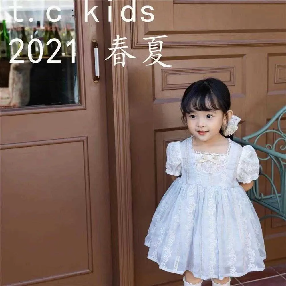 Summer Ice Blue Toddler Girls Princess Dress Kids Embroidery Puff Sleeve Boutique Clothes Lolita Baby Outfit 210529