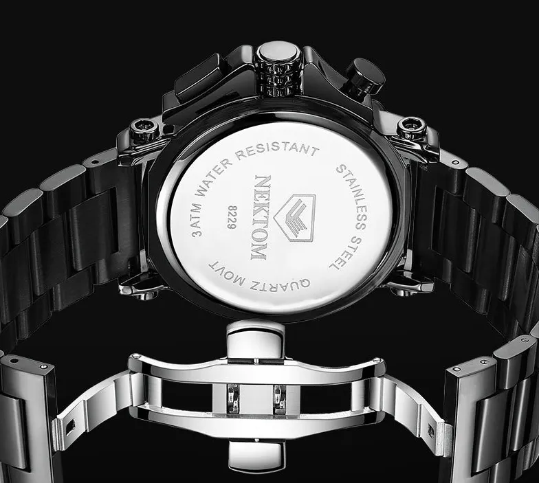 NEKTOM 316L qualité en acier inoxydable cadran et bracelet montre pour hommes creux mystère lumineux montres à quartz temps de voyage précis élégant 263B