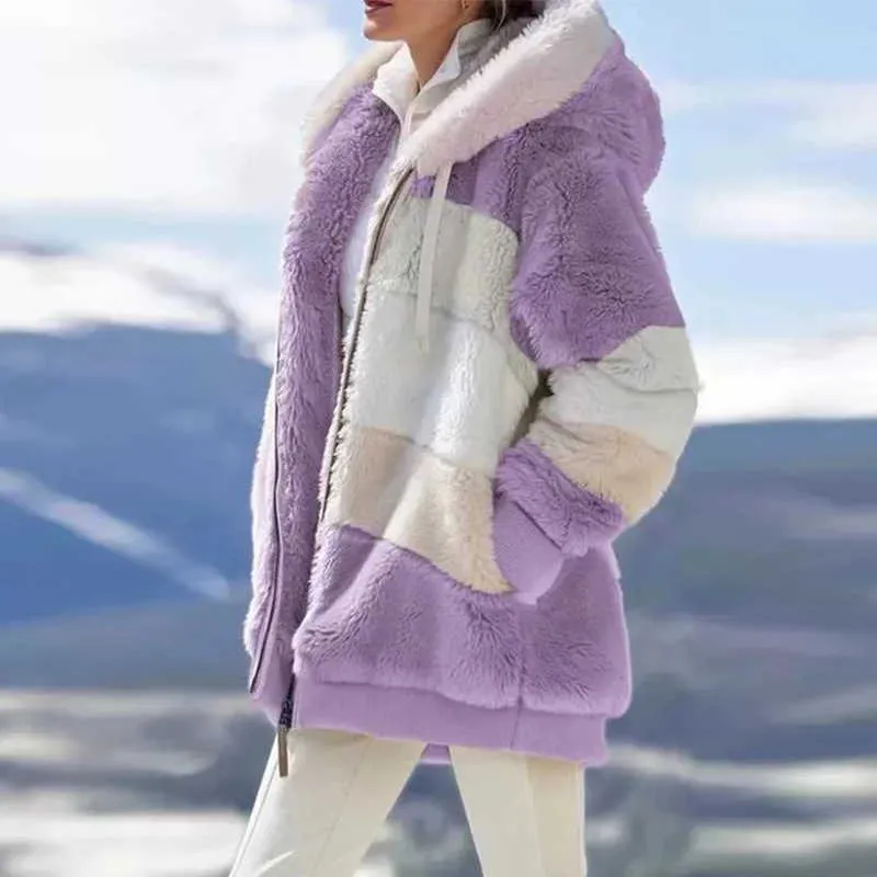 Giacca da donna Warm Plush Cappotto con cappuccio allentato casual Colore misto Patchwork Capispalla invernale Cappotto parka da donna con cerniera in pelliccia sintetica 210830