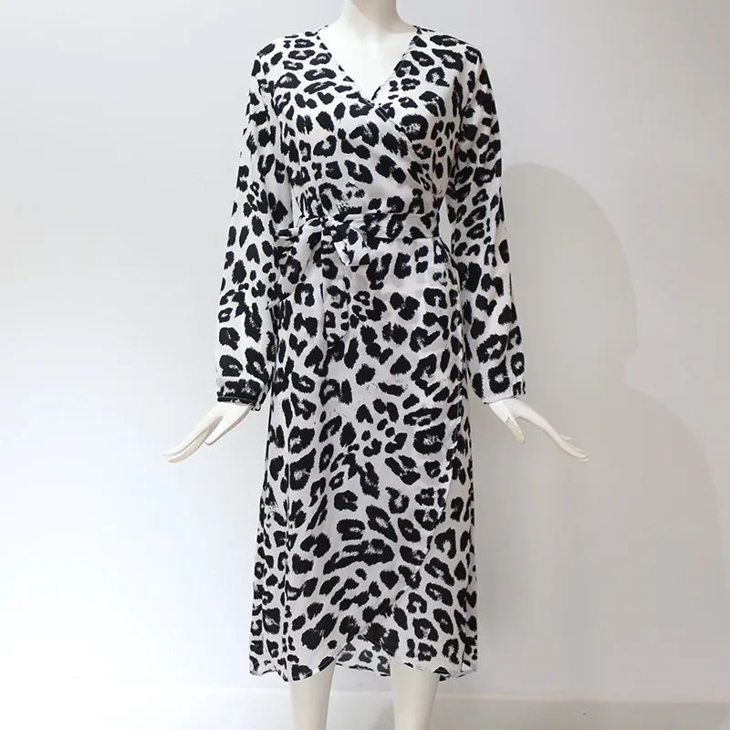 Föridol leopard tryck höst vinter wrap klänning kvinnor vintage lyktor ärm vit elegegat lång klänning svart klänning plus storlek 210415