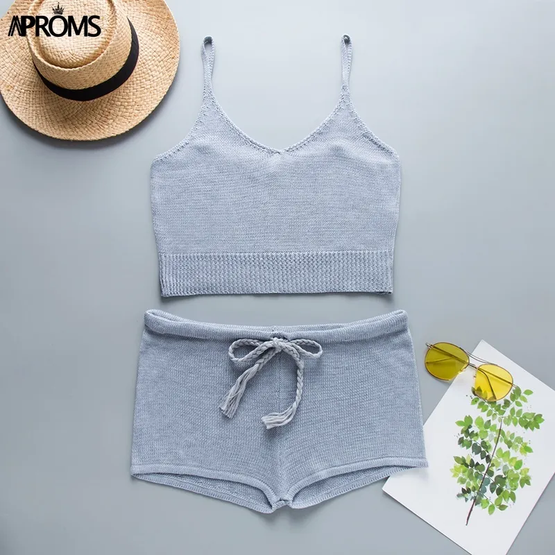 Aproms Boho White Knitted Crop Top and Shorts Women Elegant Set Summer Low Waist Beach Bikini Romper Female Outfit 210302