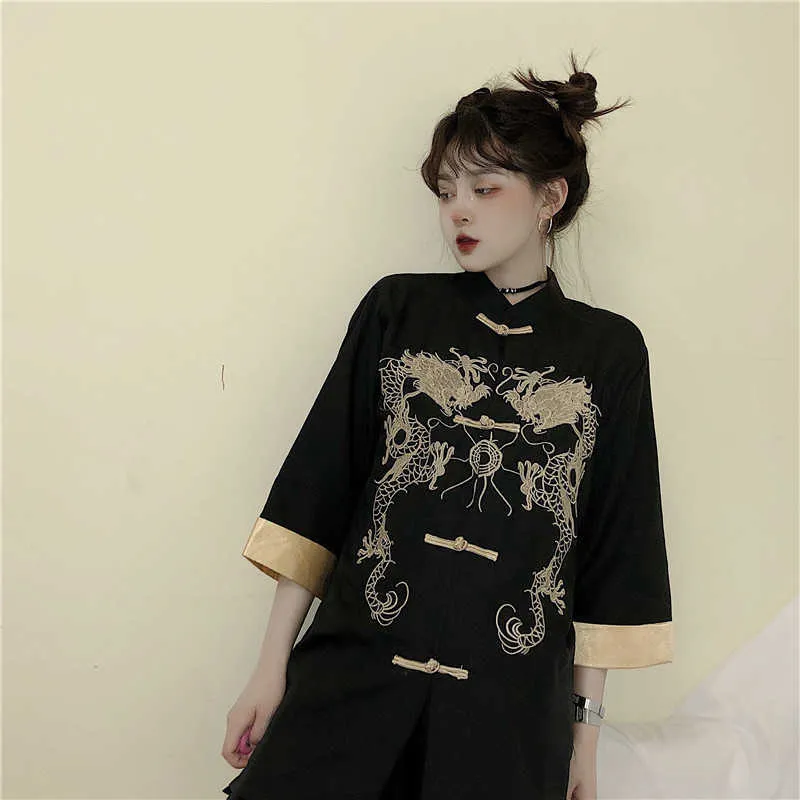 Zwart gotisch tang pak shirt jurk voor meisjes vrouwen Chinees traditionele blouse single breasted draken borduurwerk jasje 210702