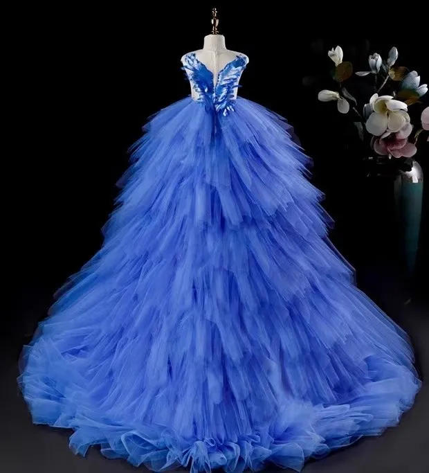 Błękitna Suknia Balowa Kwiat Dziewczyny Sukienki Dla Ślubnych Dzieci Urodziny Księżniczka Koronki Appliqued Tutu Spódniczki Rocznika Dziecko Pierwsza Sukienka Komuniowa Święta