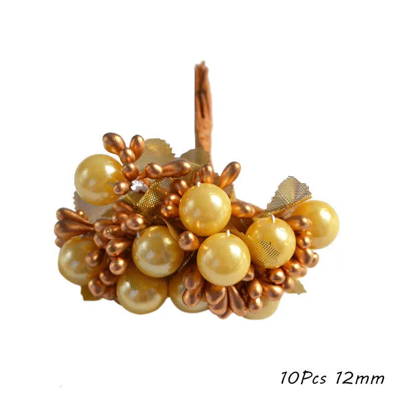 Gold Artificial Flower Cherry Stamen Berries Flower Wreath Decorative Cake Gift Box Wedding Decor Christmas Decoration for Home Y0630