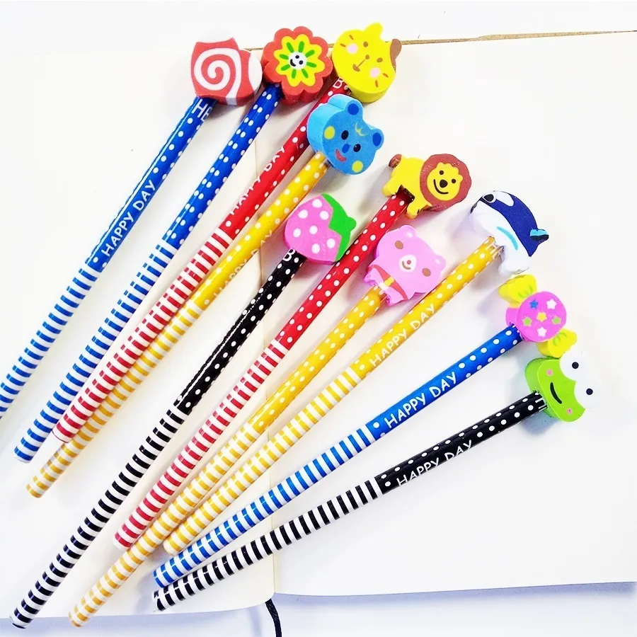 lot Wood Gift Pencil With Animals Eraser Head Christmas For Kids Cute Fashion Party Favors School Supplies Y200709