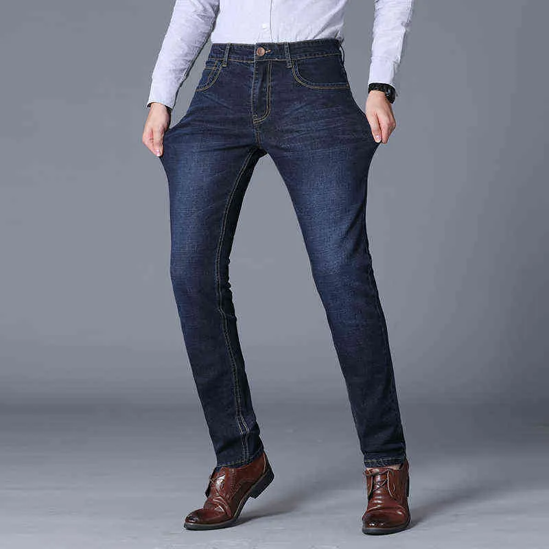 Vinter Herr Warm Slim Fit Jeans Business Mode Thicken Denim Byxor Fleece Stretch Brand Byxor Svart Blå 2201182015
