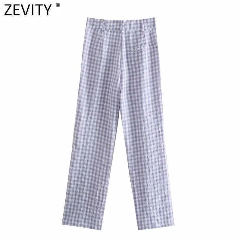 Zevity 여성 빈티지 격자 무늬 인쇄 캐주얼 스트레이트 바지 레트로 여성 사이드 지퍼 pantalones mujer 세련 된 긴 바지 P1033 210925
