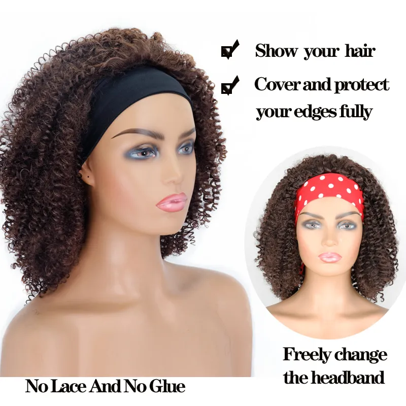 Парик с повязкой для чернокожих женщин Синтетизирует афро -странные вьющиеся парики короткие пушистые коричневые теплостойкие волосы для ежедневного использования Factory Direct