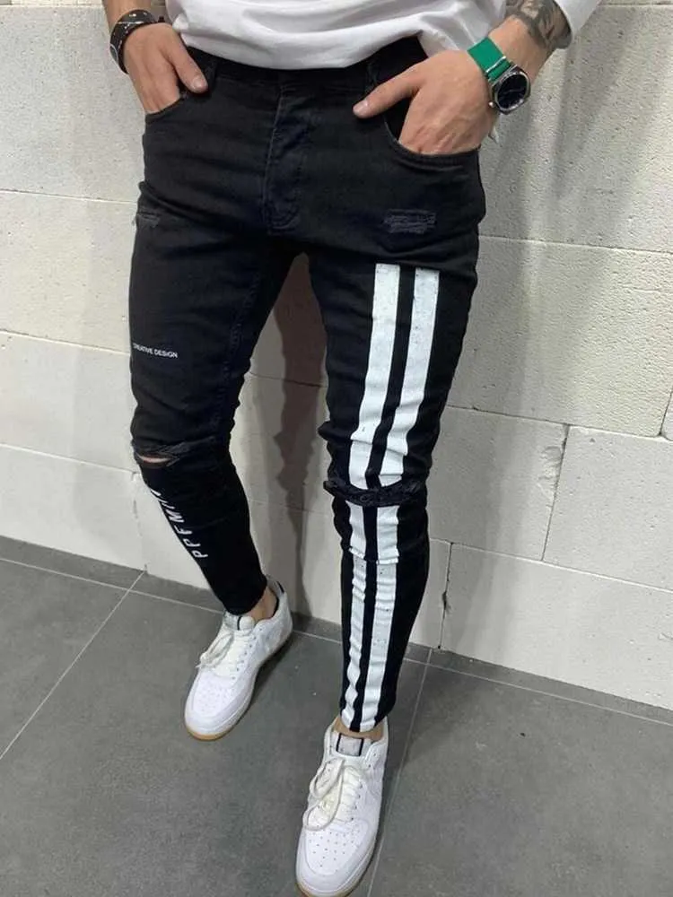 2021 Men's Skinny Ripped Jeans Slim-Fit Locomotive Pencil Pants Side Stripe Letter Printing Date Denim Costume Jogging Men X0621