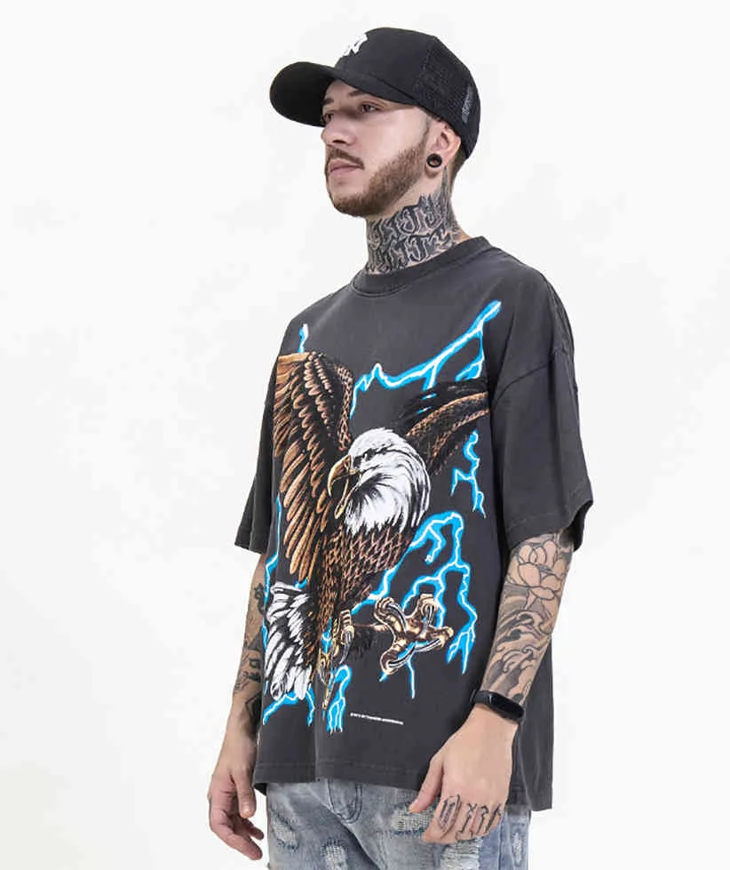 Summer High Street Casual t Shirt Tide Brand European and American Lightning Eagle T-shirt à manches courtes oversizeV81D