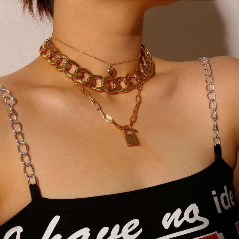 Hanger Kettingen SHIXIN 3 stks Hiphop Hart Slot Ketting Voor Vrouwen Punk Gelaagde Dikke Cubaanse Link Chain Choker Op De Hals Jewelry253S