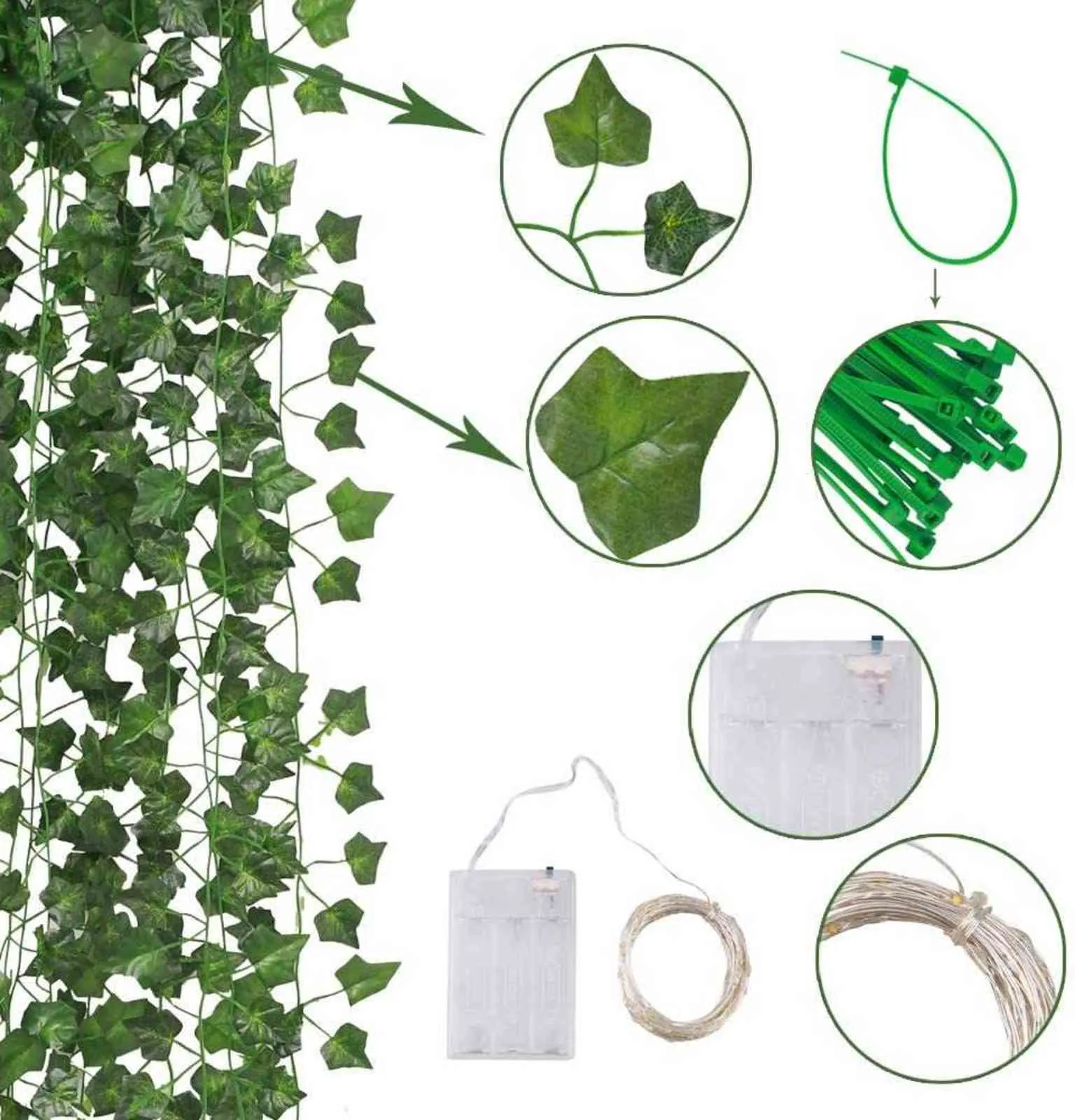 12 Pack Groene Kunstmatige klimop Garland Planten Wijnstok opknoping met LED-snaar licht voor thuiskeuken tuin kantoor bruiloft muur decor 211104