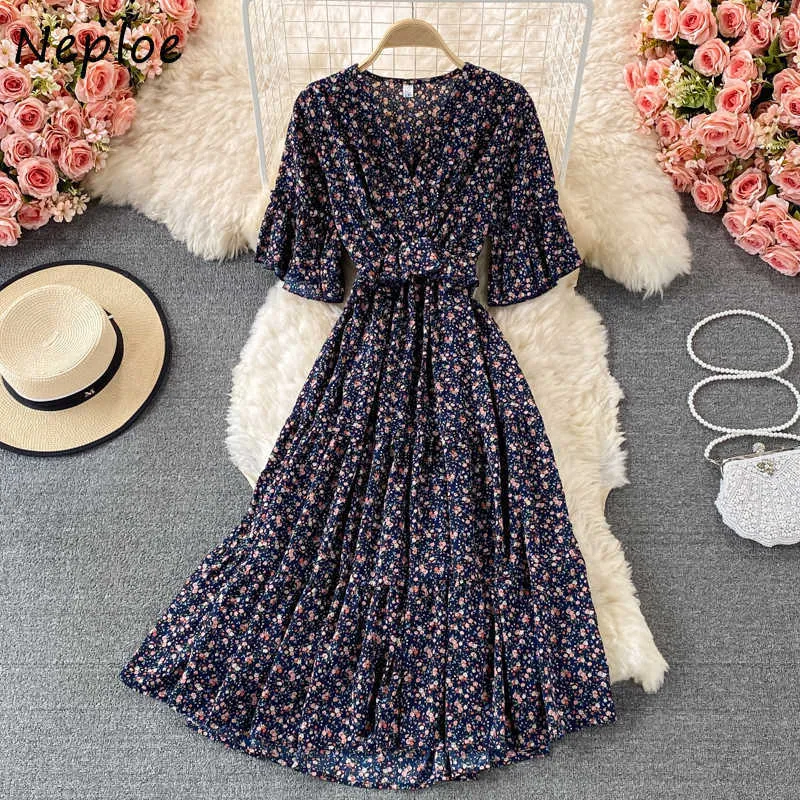 Neploe Holiday Print Bohemian Long Dress Women High Waist Hip Sashes A Line Vestidos Summer 2021 New Short Sleeve Robe Y0823