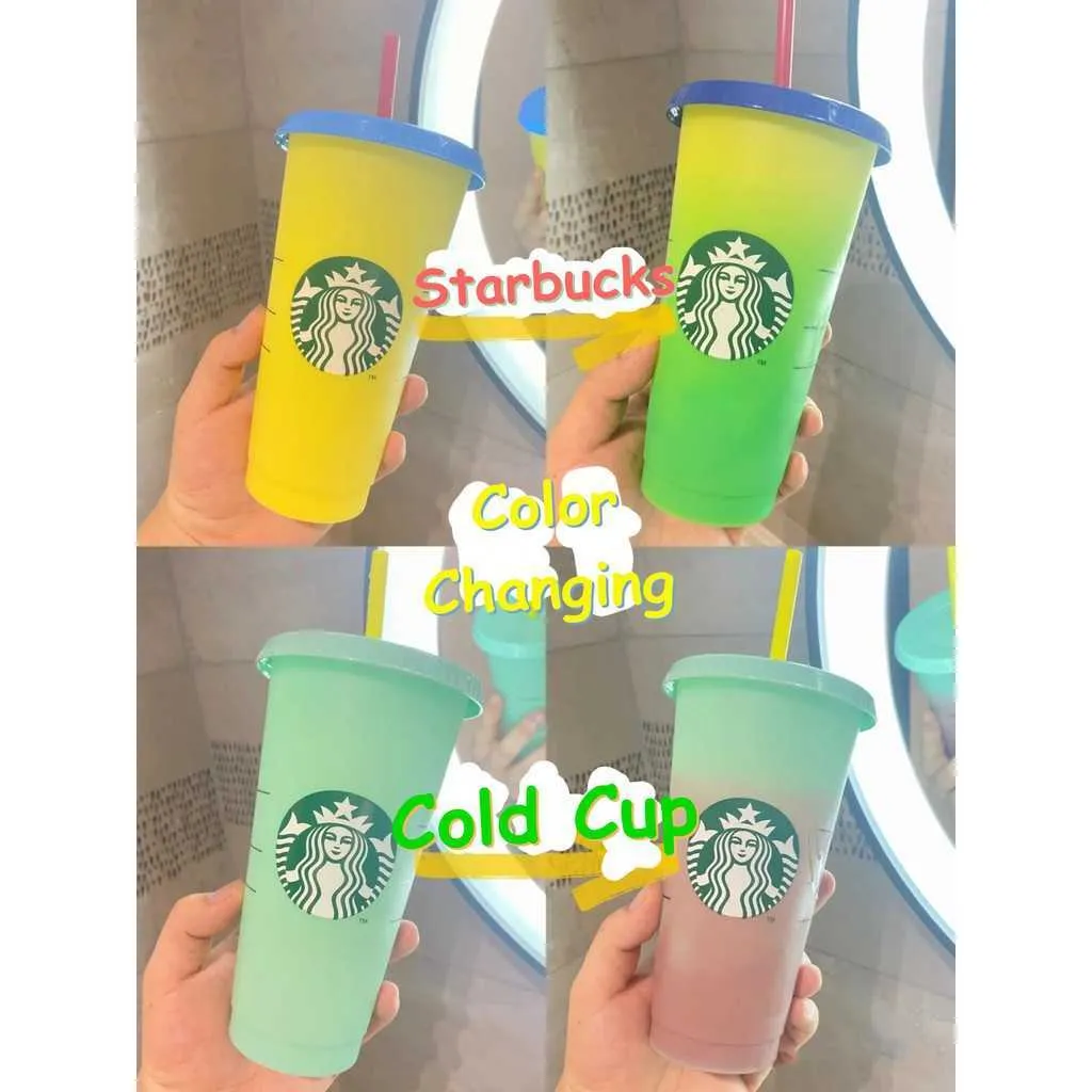 Starbucks färgbyte koppar färg återanvändbar kopp tumbler med lock kall koppar plast kopp sommarsamling Starbucks vin fuunyhome