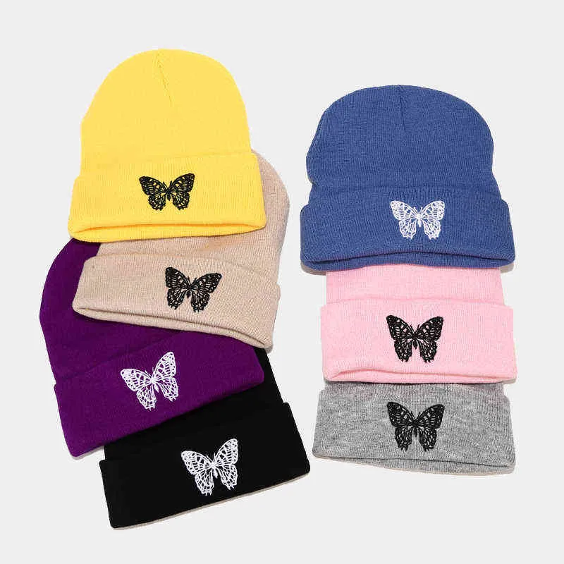 Mode Tricoté Bonnets Chapeau Papillon Broderie Hiver Chaud Ski Chapeaux Skullies Caps Doux Élastique Cap Sport Bonnet Hommes Femmes Y21111