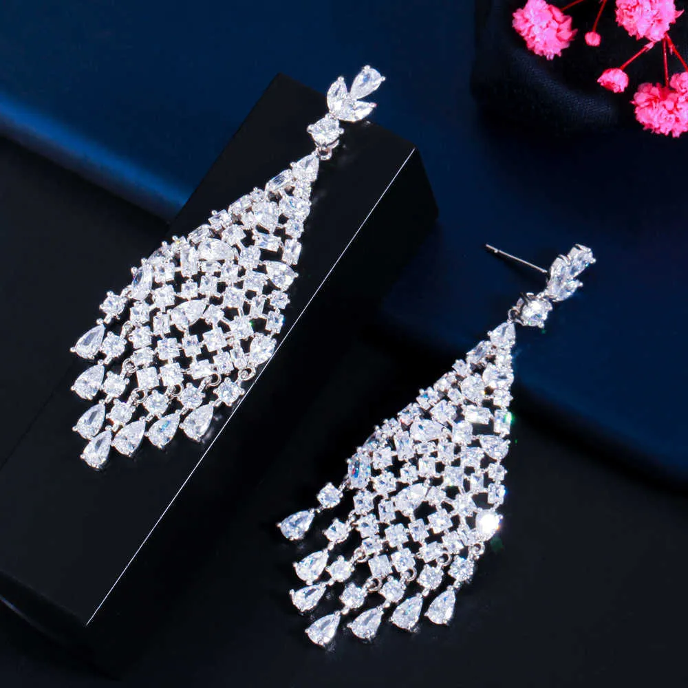 Shiny White Cubic Zirconia Dangle Big Long Chandelier Drop Earrings for Brides Wedding Engagement Jewelry CZ856 210714