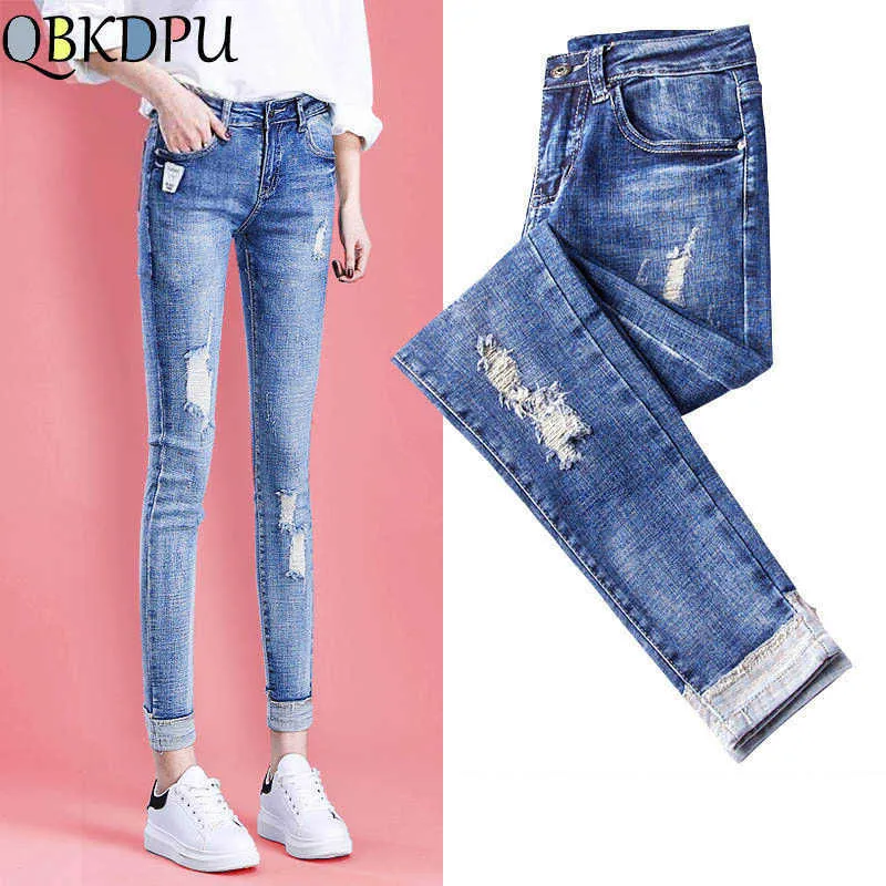 Mode plus storlek rippade jeans för kvinnor hög midja hål blå elastiska penna byxor vintage skinny denim nio kvinnliga 210629