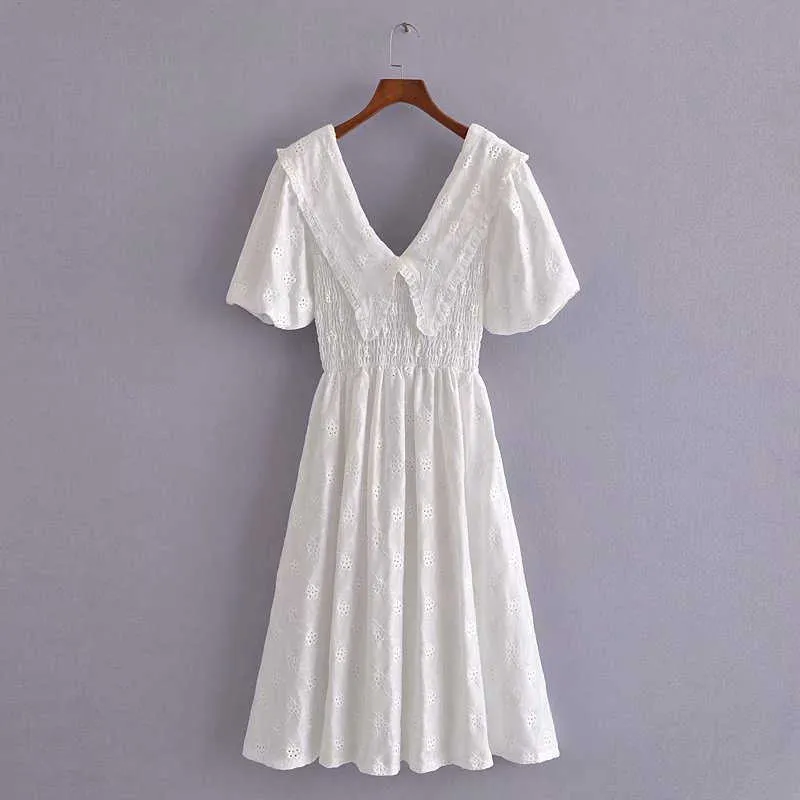 Za weiß gestickte Ösen Midi Kleid Frauen Kurzpuffarm zurücklose Sommerkleider Frau Vintage Inner Tüll Vestidos 210602