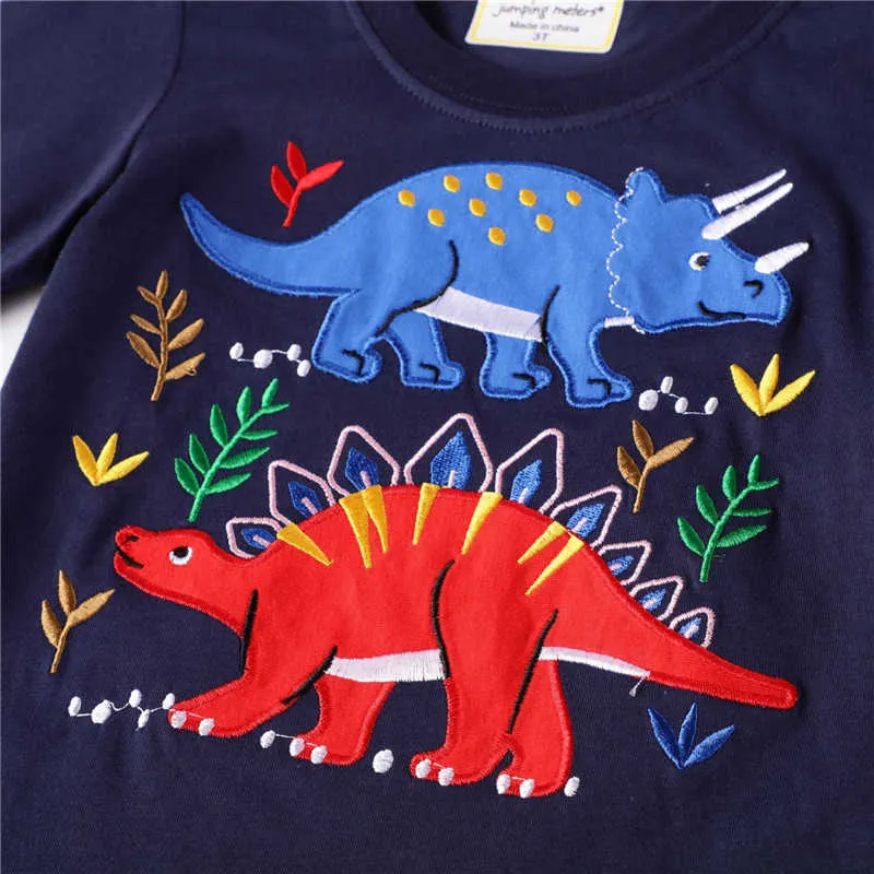 ジャンピングメーター子供の長袖Tシャツ恐竜のアップリケ男子ガールズコットン服210529