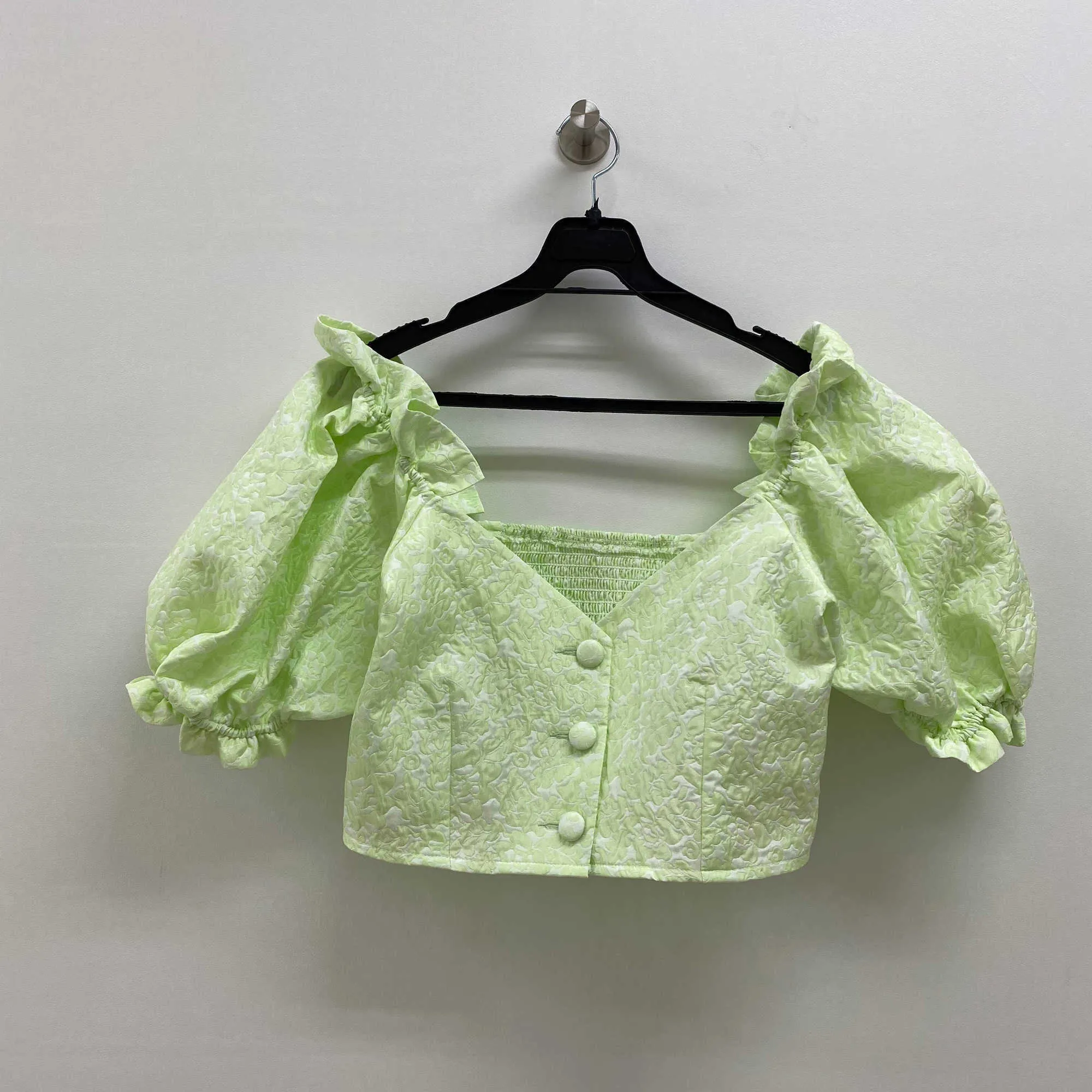Korea Style Button Short Heavy Jacquard Pattern Green Blouse Wooden Ear Strapless Sweet Shirt Top 210529