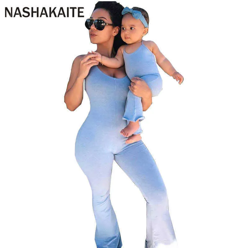 NASHAKAITE mère et fille vêtements été bleu décontracté correspondant combinaison maman moi famille tenues 210724