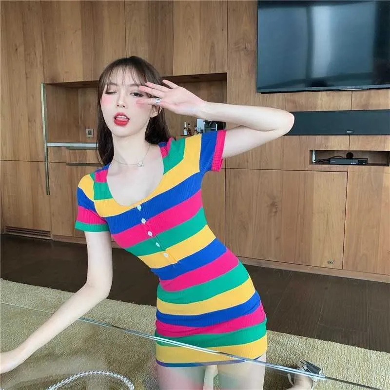 Estate stile coreano girocollo colore abito attillato anca mini sexy sottile temperamento strisce 210604