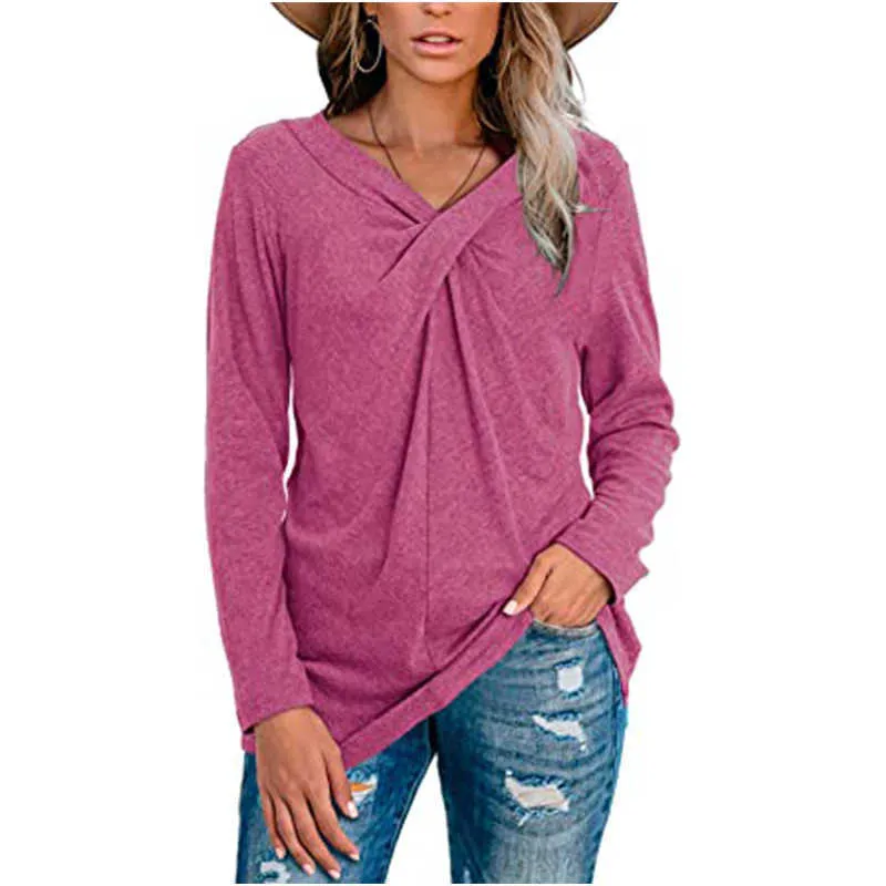 Women's Tshirt Tops Spring Autumn Casual Soft Solid Color Neckline Kink Long Sleeve T-shirt Large Size V Neck Female 210526