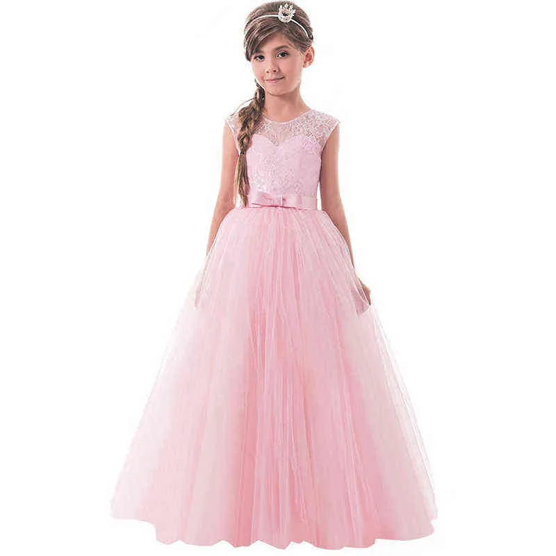 2021 Fashion Long Gown Girl Formell Princess Dress Bröllopsfest Vit Klänningar Barn Baptism Kostym för 6-14 år Girls Robe G1129