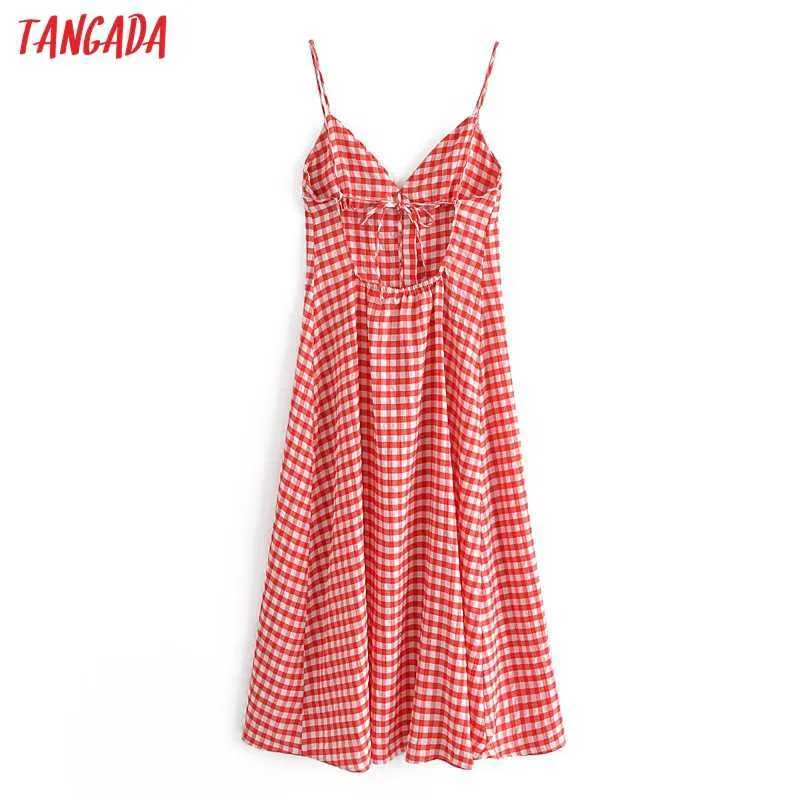 Tangada Frauen Rot Plaid Langes Kleid Strap Einstellen Rückenfrei Ärmellos 202 Mode Dame Strand Kleider Vestido QN89 210609