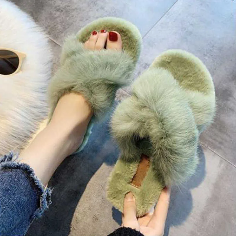 Faux bont slippers harige slides voor vrouwen pluizige slippers home gezellige slippers winter huis pluche vrouwelijke schoenen slip op flats 2021 y0902
