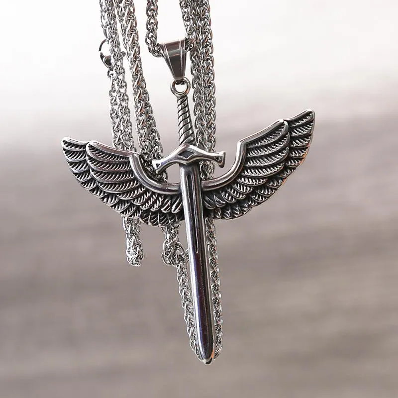 Anhänger Halsketten Vintage Engel Heiliges Schwert Edelstahl Kreuz Halskette Für Männer Modeschmuck Flügel Punk Chain264V