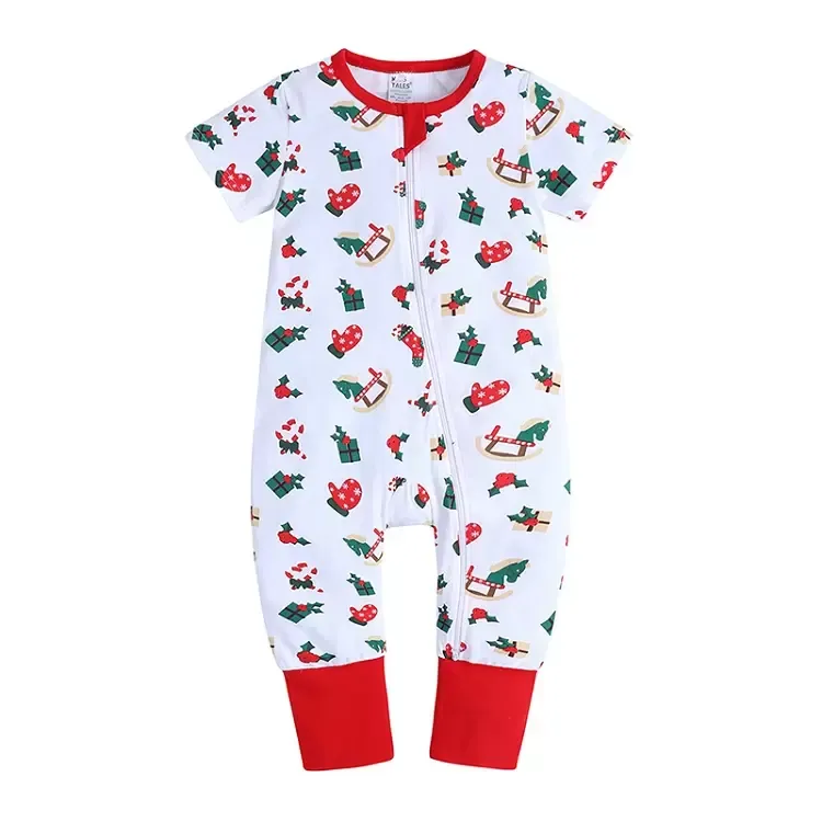 Été Noël bébé barboteuses mignon nouveau-né enfants fille décontracté à manches courtes pantalons longs père noël arbres bonhomme de neige imprimé fermeture éclair combinaisons vêtements pour tout-petits