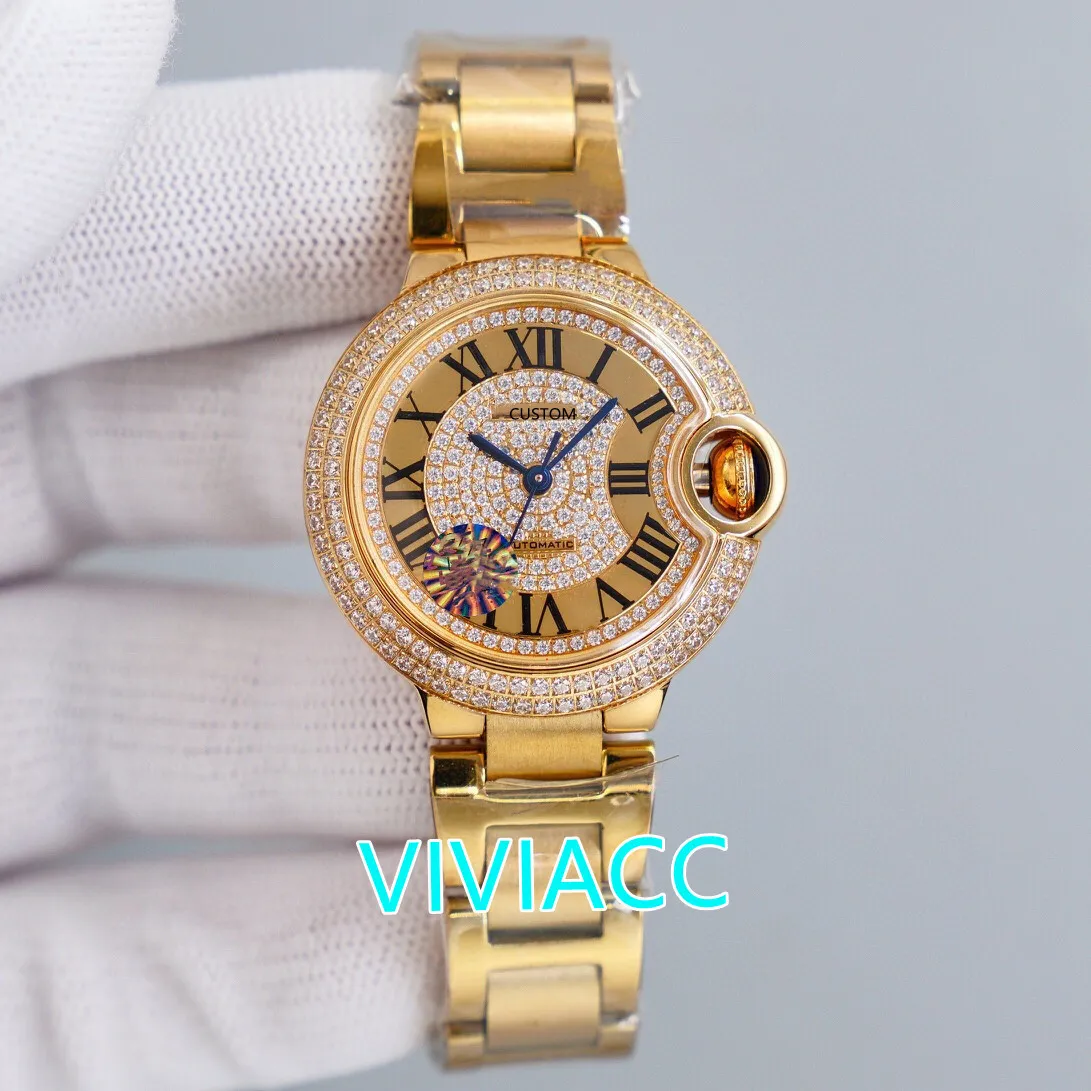 Prachtig Geel Goud Volledige Crystal Diamond Horloges Automatische Mechanische Romeinse Nummer Horloge Roestvrij staal Sapphire Clock 33mm