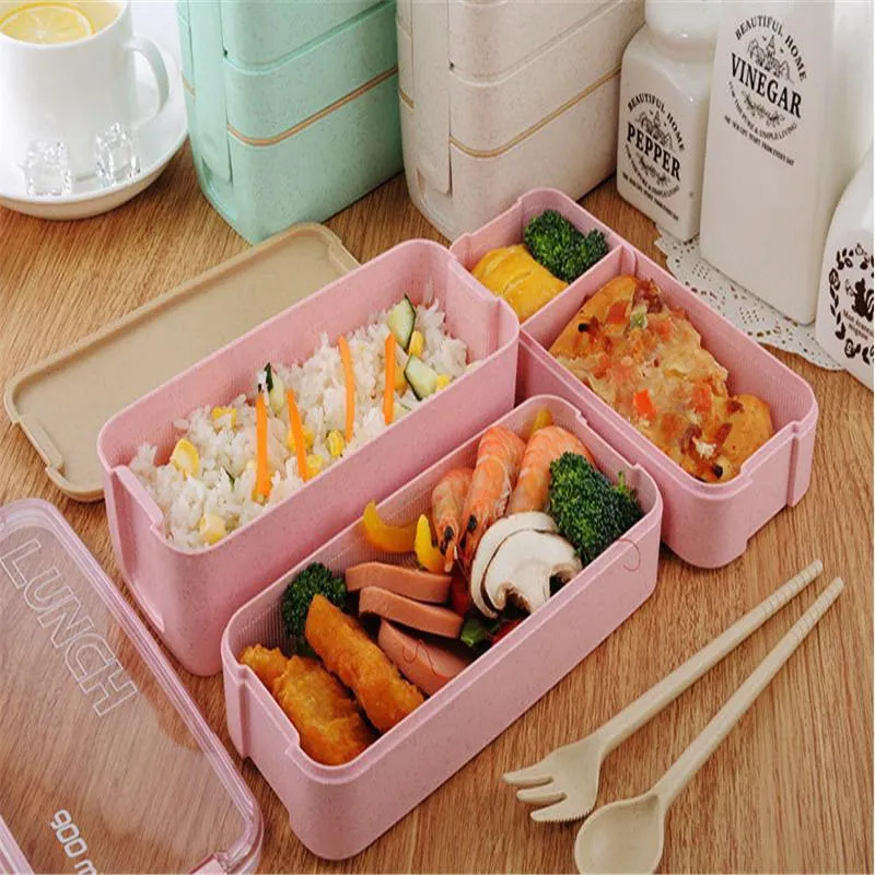 Zestawy naczyń stołowych 900 ml Zdrowy materiał lunch pudełko 3 -warstwowa słoma pszenicy bento pudełka bento mikrofalowe pojemnik na lunchbox bentoboxes273b