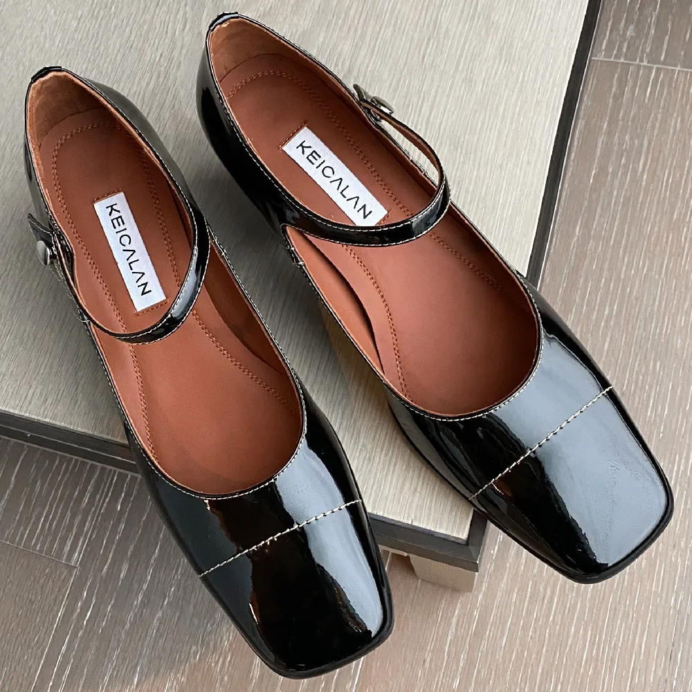 Womens genuine leather thick high heel square toe metal buckle mary jane pumps high quality 2021 spring new soft comfort shoes