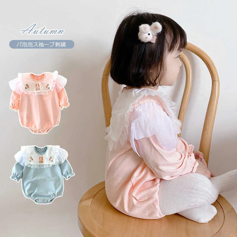 韓国風赤ちゃん女の子ウサギ刺繍ロンパース生まれたかわいい綿のジャンプスーツ韓国幼児秋のロンパース服210615