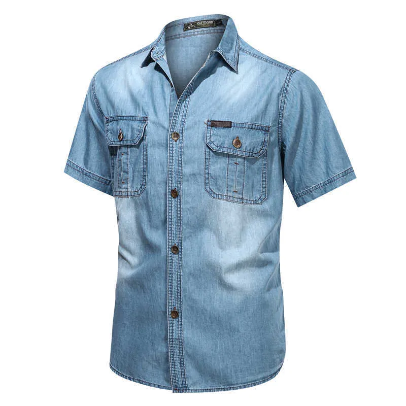 라이트 블루 남성용 데님 셔츠 짧은 소매 얇은 면화 슬림 탄성 청바지 여름 고품질 포켓 셔츠 210721