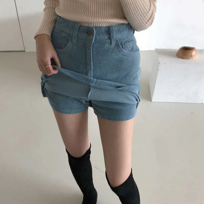 Koreansk stil Chicwomen Corduroy Original Mini Skirt Side Split Cord 210529
